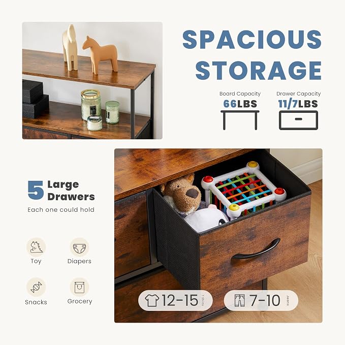 DUMOS TV Stand, Dresser with 5 Fabric Storage Drawers, Media Console Featuring Open Shelf for TV, Compact Entertainment Unit for Bedroom, Living Space, or Dorm Organization, Brown - Image 4