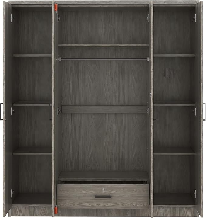 Merax 4 Doors Closet Wardrobe with Hanging Rail, Wood Closet Organizers and Storage with One Drawer and Two 4-Tier Storage Shelves, Top Cabinet for Bedroom, Laundry Room, Gray