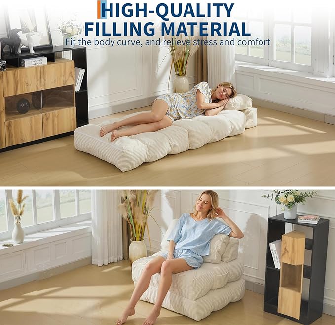 Folding Sofa Bed, Convertible Sleeper Chair with Pillow Foldable Matress with Back Support, Portable Fold Out Chair Bed Comfy Floor Sofa Lounge for Living Room Bedroom, Beige, Single