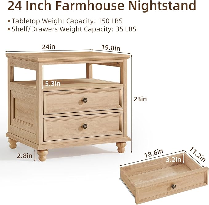 Joaxswe 24" Wide Farmhouse Night Stand,Large End Table with 2 Drawers & Metal Handle,Wood Dresser for Bedroom, Natural Bed Side Table Chest of Drawers Cabinet,Nightstand for Living Room,Closet - Image 2