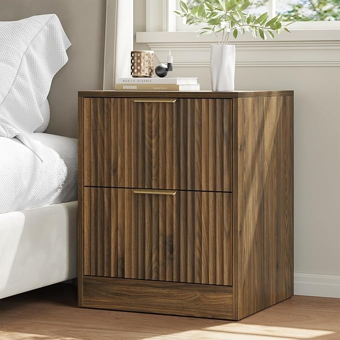 7 Drawer Dresser & Nightstand Set 3-Piece, 55” Wide Bedroom Dresser and Night Stand Set of 2 with Metal Handle, Fluted Modern Wood Chest of Drawers Storage Dressers Set for Bedroom, Walnut