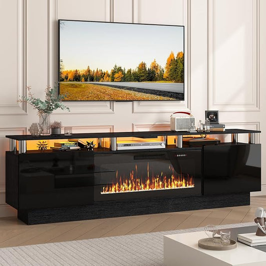PUKAMI 70" Fireplace TV Stand, LED Light Entertainment Center with 36" Electric Fireplace, 2 Tier Modern Wood Media TV Console with Highlight Storage Cabinet for Living Room, Black by PUKAMI