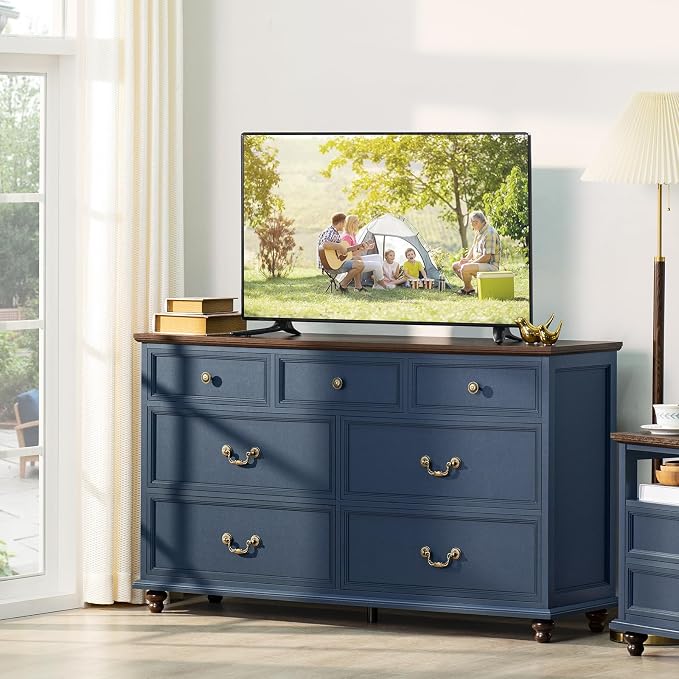 Joaxswe Farmhouse 54" 7 Drawers Dresser for Bedroom, Wide Chest of Drawers w/ 4 Wooden Legs, Vintage Rustic Large Closet Storage Dressers Organizer for Hallway, Wood TV Stand for Living Room, Blue - Image 7