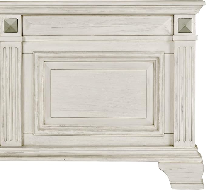 Roundhill Furniture Renova Distressed Parchment Wood Bedroom Set, King Panel Bed, Dresser, Mirror, Nightstand, Chest