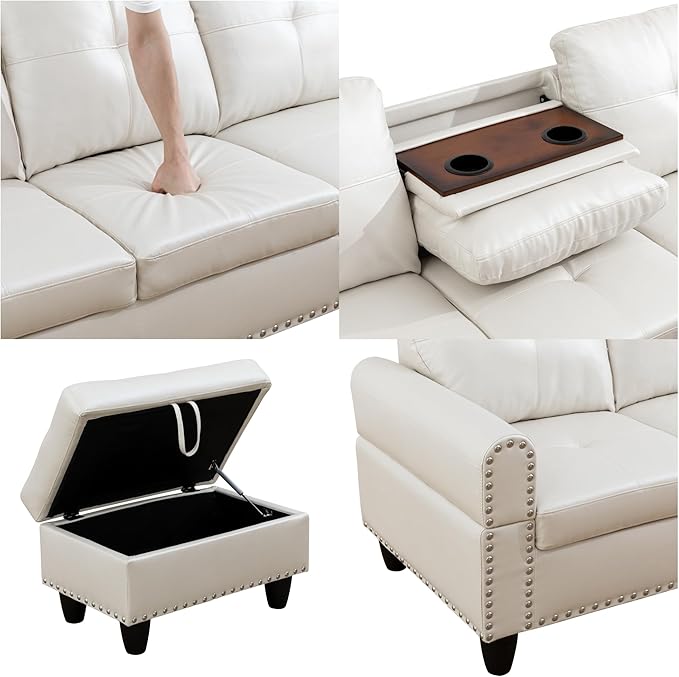 Sectional Couches for Living Room, Convertible 4 Seat Modular Sectional Sofa Set for Living Room, L Shaped Couch or U Shaped Couch with Storage Ottoman for Apartment, Leather White