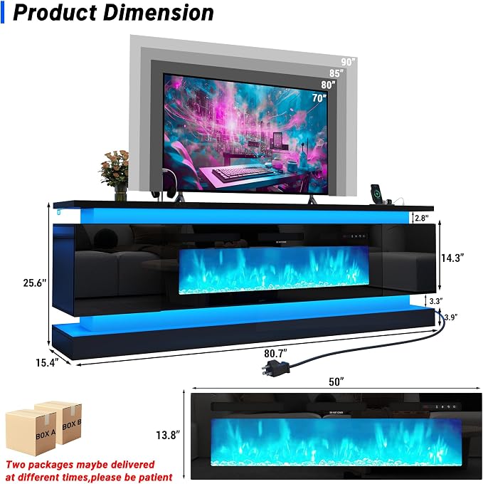 chartustriable 81IN LED TV Stands w/50 inch Fireplace Power Outlet for 90/85/80/75 Inch TVs,High Glossy Modern TV Media Console Gaming with 2 Storage Cabinets,Dual LED Lights,Black - Image 6