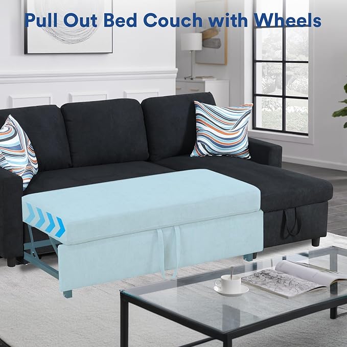 Rovibek 83" Convertible Sofa Bed Couch with Storage - 4 in 1 L Shaped Sofa with Pull Out Couch Bed for Living Room, Apartment, Office, Small Spaces, Jet Black