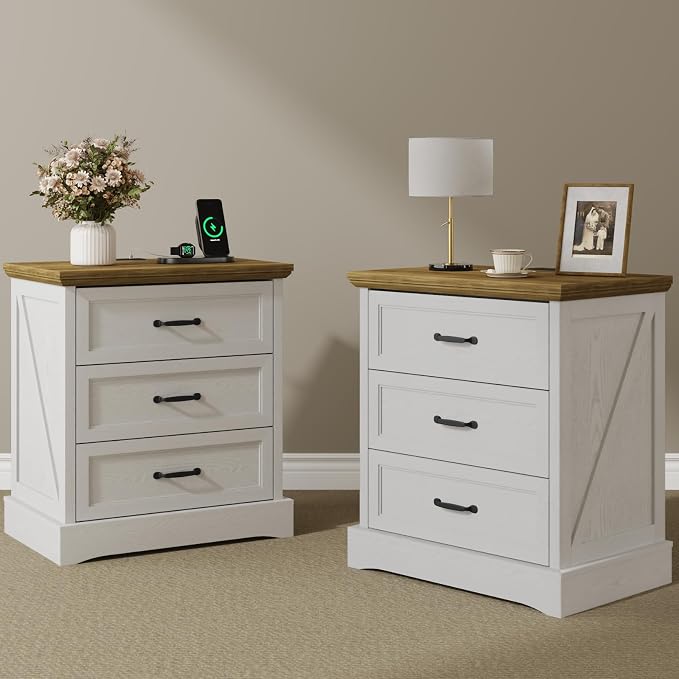 Farmhouse Nightstand Set of 2 with Charging Station and Hidden Drawer, 23.6" W Bedside Table with 4 Drawers, Night Stand for Bedroom, Home Office, White & Brown by Draelibor