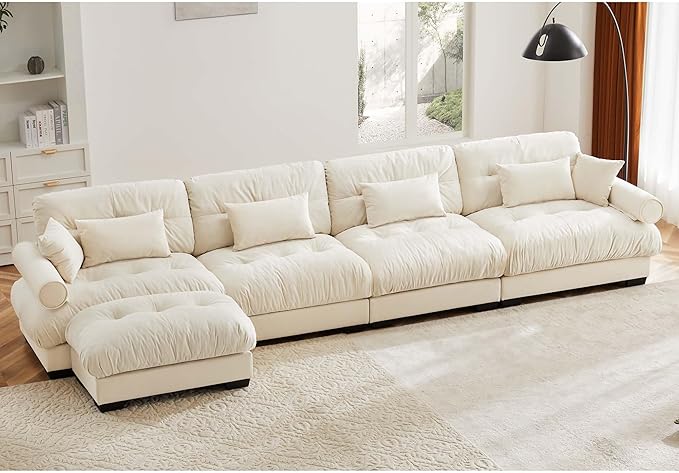KEIKI 166" L-Shaped Oversized Velvet Modular Sectional Sofa with 1 Ottoman, High-Density Foam Cushions and Bolstered Armrests, Upholstered 4-Seater Cloud Couch with 6 Pillow, for Living Room, Cream
