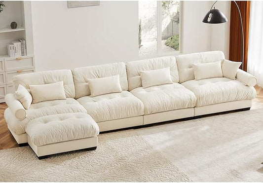 KEIKI 166" L-Shaped Oversized Velvet Modular Sectional Sofa with 1 Ottoman, High-Density Foam Cushions and Bolstered Armrests, Upholstered 4-Seater Cloud Couch with 6 Pillow, for Living Room, Cream