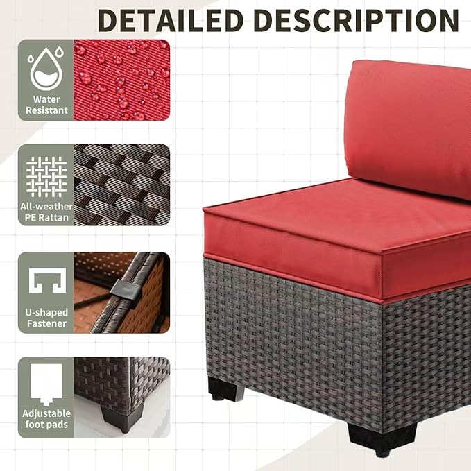 Gotland 15 Pieces Patio Furniture Set with Fire Pit Table, All Weather Rattan Outdoor Furniture with 29.5'' High Backrest 4’’ Thick Cushions Coffee Table, Patio Set for Porch, Deck, Backyard, Red