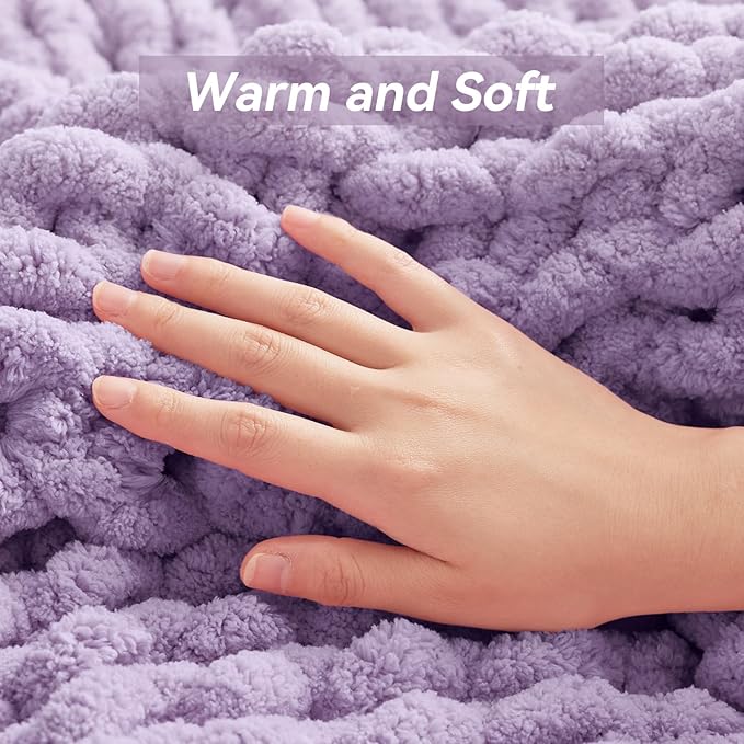 Negwoo Chunky Knit Throw Blanket, 60''*80'' Knitted Throw Chenille Yarn for Bed Couch, Handmade Light Purple Crochet Big Thick Blanket, Machine Washable Cute Comfy Blanket for Home Decor