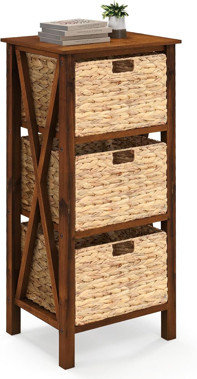 Giantex 3-Tier Nightstand with 3 Wicker Baskets, Wooden X-Design Side Table End Table, Beside Table with Acacia Wood Legs, Mid Century Accent Storage Cabinet for Small Spaces, Bedroom, Walnut by Giantex