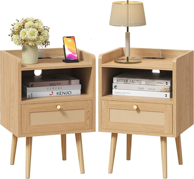 MECHYIN Night Stand Set 2, Nightstands Set of 2 with Charging Station, Rattan Side Tables with Solid Wood Legs, Boho Bedside End Table for Apartment Bedroom Dorm Small Space by MECHYIN