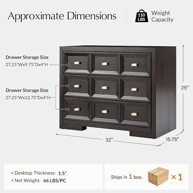 HULALA HOME Solid Wood Nightstand with Soft Fabric-Lined Top Drawer, 3 Drawer and Metal Knobs Bedside Tables, Contemporary Geometric Night Stand with Charging Station, Black - Image 2