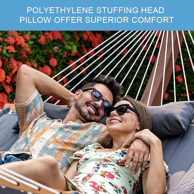 Lazy Daze Hammocks 12 FT Double Quilted Fabric Hammock with Spreader Bar and Detachable Pillow, 2 Person Double for Outside Patio Poolside Backyard Beach, 450lbs Capacity, Gray - Image 4