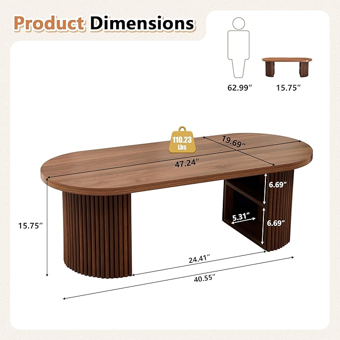 AVZEAR Oval Fluted Coffee Table for Living Room, Mid Century Modern Coffee Table with Storage, Curved Round Wooden Center Table for Home, Office, Cafe, Vintage Walnut(47.24" x 19.69" x 15.74")