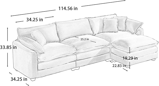 KEIKI 115" L-Shaped Oversized Corduroy Modular Sectional Sofa with 1 Ottoman, High-Density Foam Cushions, Removable Armrests, Upholstered 3-Seater Corner Couch with 5 Pillow, for Living Room, Green