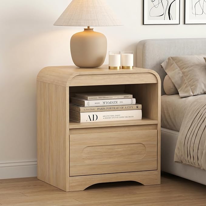Wood Nightstand Set of 2, Modern Night Stand with Drawers, Oak Nightstand, 22" Bedside Side Table with Open Storage, Curved Corners, Hidden Handle, Night Stands End Table for Bedroom Sofa Couch - Image 3