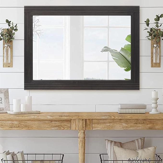 YOSHOOT Hand-Made Wooden Spliced Wall Mirror for Bathroom, Rustic Farmhouse Vanity Mirror, Décor Wall Art, Solid Wood Frame, Vertical or Horizontal Hanging - Image 7