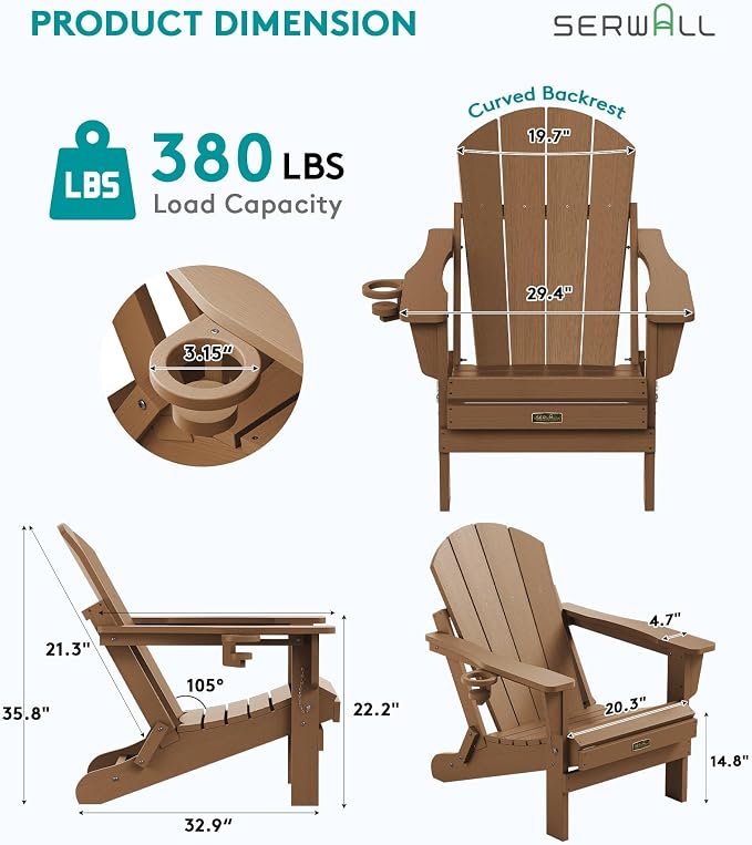 SERWALL Folding Adirondack Chair Set of 6, Wooden Textured Lawn Chair with Cup Holder for Patio Garden Weather Resistant Outdoors Fire Pit Chairs- Brown - Image 2