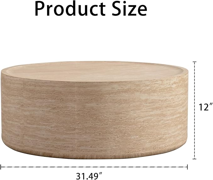 Round Coffee Table in Faux Marble, 31.5" W × 12" H Stone Coffee Tables for Living Room, Modern Drum Center MDF Vintage Design Low, Office, Apartment No Assembly Required Beige Mars