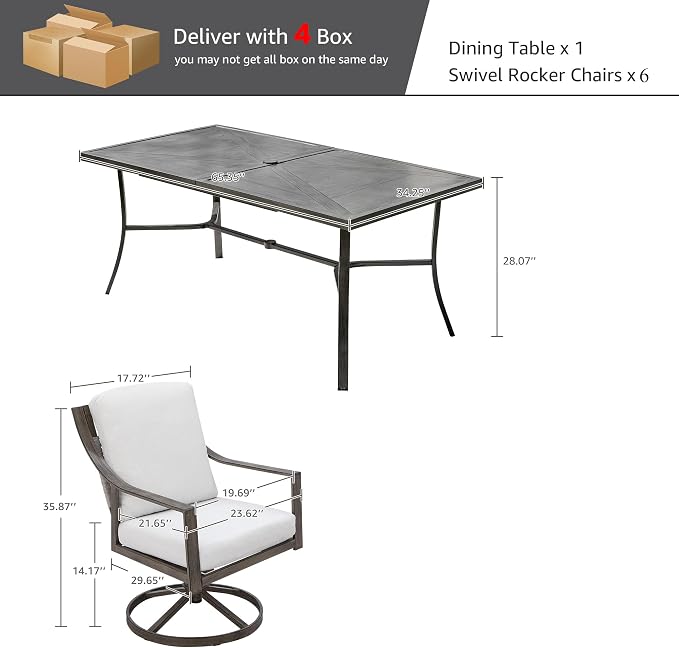 NATURAL EXPRESSIONS 7 Piece Patio Dining Table Outdoor Furniture Set for 6, 6Pcs Swivel Patio Dining Chairs with Olefin Cushions, 65”Large Dining Table with Umbrella Hole - Image 7