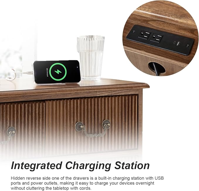 HULALA HOME French Country End Table, 30 inches Paulownia Wood End Table with Charging Station (Cherry, Set of 2) - Image 6