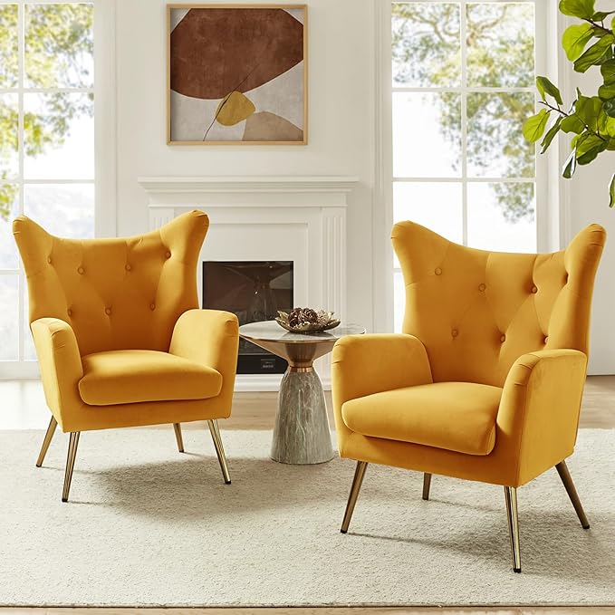 HULALA HOME Velvet Accent Chair, Modern Wingback Arm Chair with Metal Gold Legs, Velvet Tufted Upholstered Single Sofa Chair for Living Room Bedroom (Mustard)