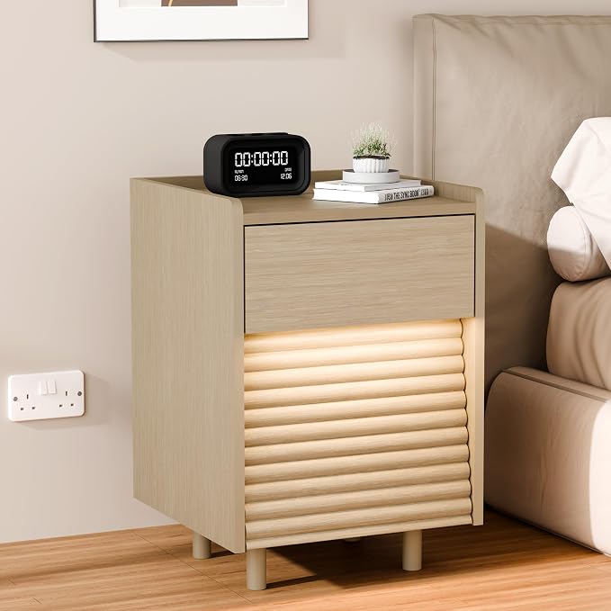 Wooden Night Stand with LED Light Set of 2, Modern Mid-Century Side Table, 2-Drawer Bedside End Table with Solid Wood Legs for Bedroom, Dorm and Small Spaces, Oak - Image 4