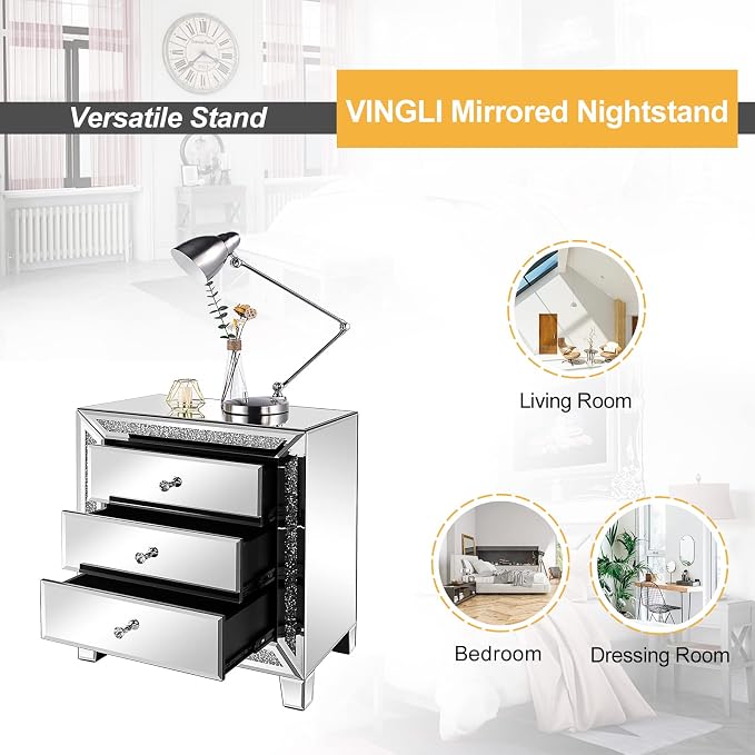 VINGLI Mirrored Nightstands Set of 2, 23" W Glass Mirror Night Stand Set of 2, Modern Bedside Table 3 Drawer Glass Side End Table Silver Dresser for Bedroom, 23”W x 13.8”D x 24.8”H - Image 8