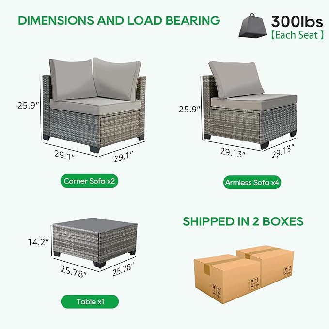 Patio Outdoor Furniture Set 7 Pieces Rattan Wicker Sectional Sofa Couch Conversation Set with Table for Deck Lawn, Light Grey Wicker/Light Grey Cushion