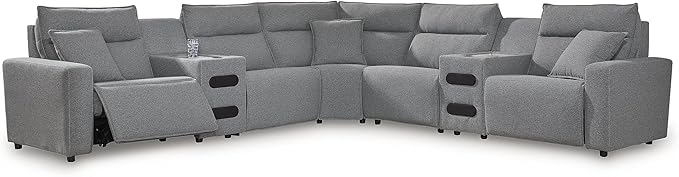 Signature Design by Ashley Modern ModMax II Stain Resistant L-Shape Symmetrical 7-Piece Power Reclining Sectional with Audio Consoles and Adjustable Headrest, Gray