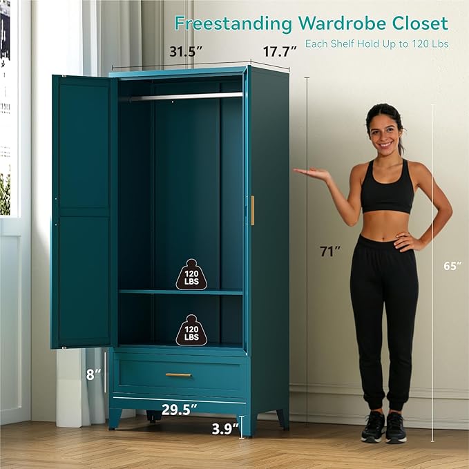 71" Tall Metal Armoire Wardrobe Closet,17.7" Deep By 31.5" Wide Portable Closet for Hanging Clothes,Wardrobe Cabinet with Drawer and Shelve for Bedroom Office Laundry Room,Blue 1 Pack