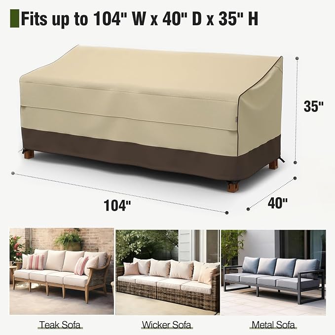 MR. COVER 4-Seater Outdoor Couch Cover Waterproof, 104 Inch Patio Furniture Covers Waterproof with All Weather Protection, Heavy Duty Outdoor Sofa Covers with Air Vent and Handles, Brown & Khaki - Image 2
