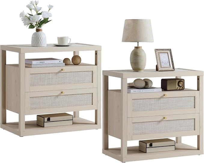 VividVibe Light Oak Night Stand Set 2, Nightstand with Drawers and Storage Shelf - Rattan Boho Bedside Tables Large Nightstands Wooden Bed Side Table, Modern Farmhouse Accent End Table by Unknown