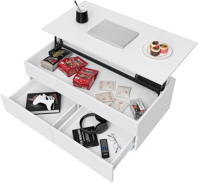 HOMMPA 40'' Lift Top Coffee Table, White With Storage for Living Room, LED Modern Design, 2 Drawers & Hidden Compartment