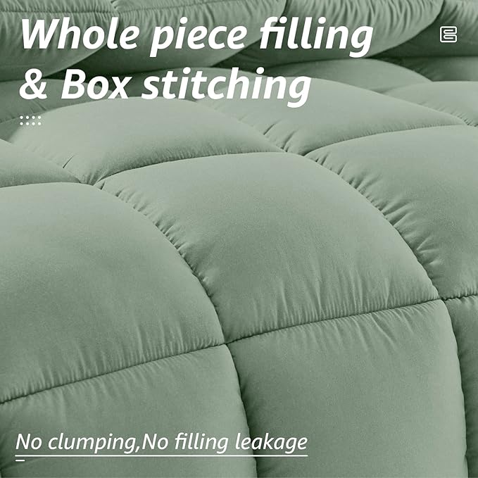 HYLEORY All Season Full Size Bed Comforter - Cooling Down Alternative Quilted Duvet Insert with Corner Tabs - Winter Warm - Machine Washable - Sage Green