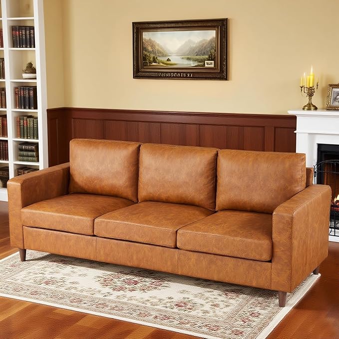 IDEALHOUSE 85" Leather Couch for Living Room, Modern Sofa Couches with Padded Backrest, Upholstered Sofa with Armrests and Comfy Cushions, Deep Seat Sofas for Living Room, Bedroom, Office