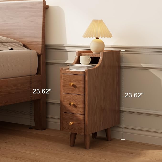 Solid Wood Narrow Nightstand with Drawers,Walnut Nightstand Wood Bedside Table Modern for Bedroom,Study,Toilet - Image 6
