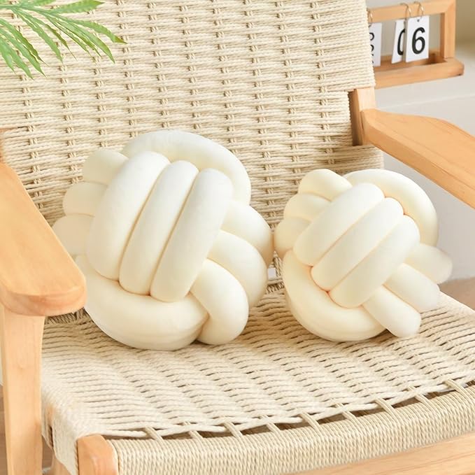 LUSJNGE Decorative Throw Knot Pillow Ball for Home Chair Sofa Aesthetic Round Velvet Knotted Pillow Cushion (Milky White, 11 inches)
