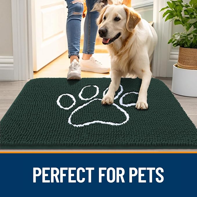 OLANLY Dog Door Mat for Muddy Paws 40x32, Paw Print Design, Absorbs Moisture and Dirt, Absorbent Non-Slip Washable Doormat, Quick Dry Chenille Mud Mat, Entry Indoor Entryway Carpet, Blackish Green - Image 6