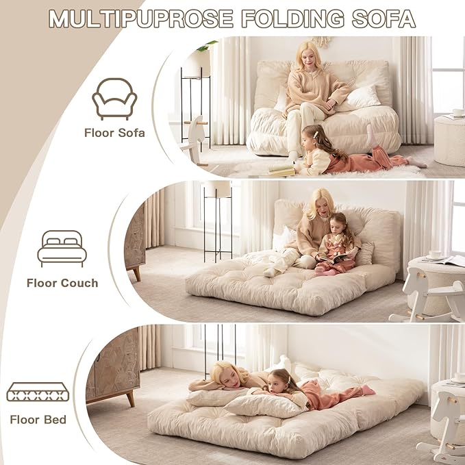 Folding Sofa Bed, Convertible Sleeper Chair with Pillow Foldable Mattress with Back Support, Portable Fold Out Chair Bed Comfy Floor Sofa Lounge for Living Room Bedroom, Beige Twin 80x39 Inch