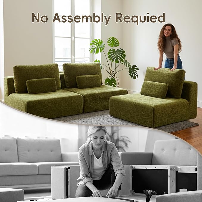 Modular Sectional Sofa, 2-Piece Green Plush Velvet Loveseat Couch, No-Assembly Compressed Deep-Seat 2-Seat for Bedrooms Living Rooms Reading Nooks