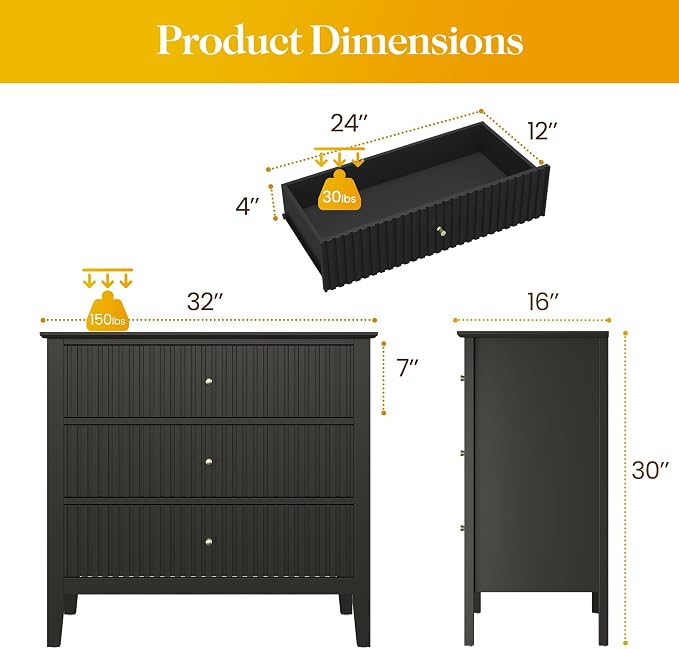 May in Color Large Black Fluted 3 Drawer Dresser Set of 2, Chest of Drawers with Ball Bearing Slide Modern 30 inch Tall Wood Nightstand with Spacious Storage for Bedroom Hallway Living Room Entryway - Image 2