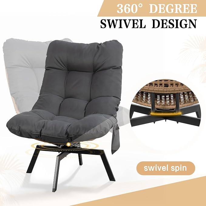 Vongrasig Swivel Wicker Chair PE Rattan Chair with Cushion, Oversized Patio Lounge Chair for Outdoor, Indoor, Balcony, Backyard, Garden, Living Room, Black - Image 4
