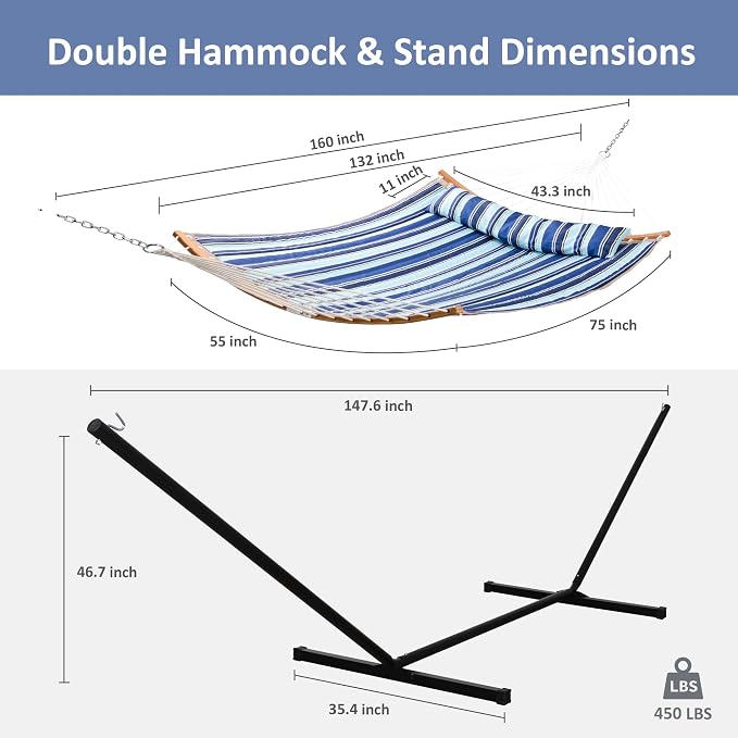 SUNCREAT Double Hammock with Stand Included, Portable Hammock with Stand and Large Pillow, Blue Stripes - Image 6