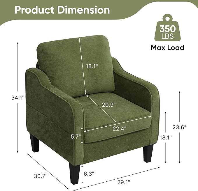 Accent Chairs Set of 2, Upholstered Living Room Chairs with Side Pocket, Mid Century Modern Reading Chair for Bedroom, Comfy Armchair Single Sofa Side Chair for Office, Small Room, Olive Green