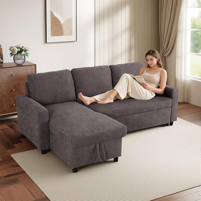 L-Shaped Sleeper Sofa with Chaise Lounge & Storage, Pull-Out Couch Bed with Recliner, Full Size Futon for Living Room, Office, Apartment, Coffee