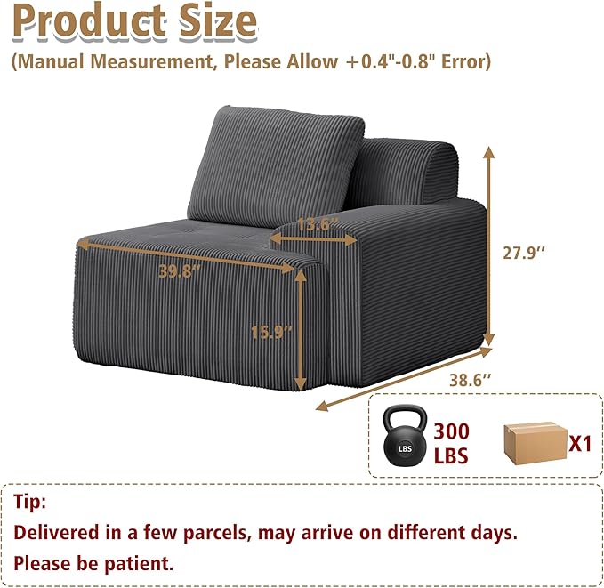 KIGOTY Modular Sectional Sofa, Comfy Cloud Sectional Couch with Right Armrest, Corner Couch, Modern Boneless Sofas for Living Room, No Assembly Required, Grey